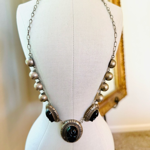 🔥 Vintage Tribal Aztec Mask Black Obsidian Silver Necklace - Picture 17 of 17